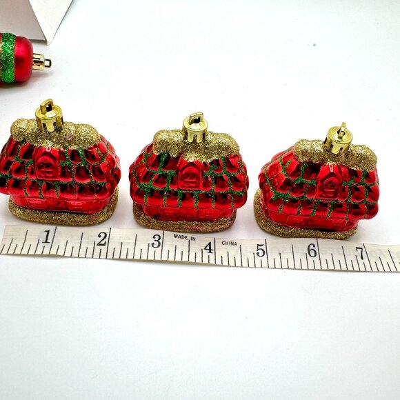 Vintage Red Gold Green Set of 6 Christmas Ornaments Gingerbread House Bells - Picture 3 of 7